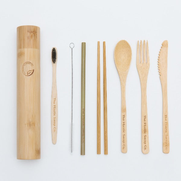 Bamboo Cutlery Set with Toothbrush & Carrying Case