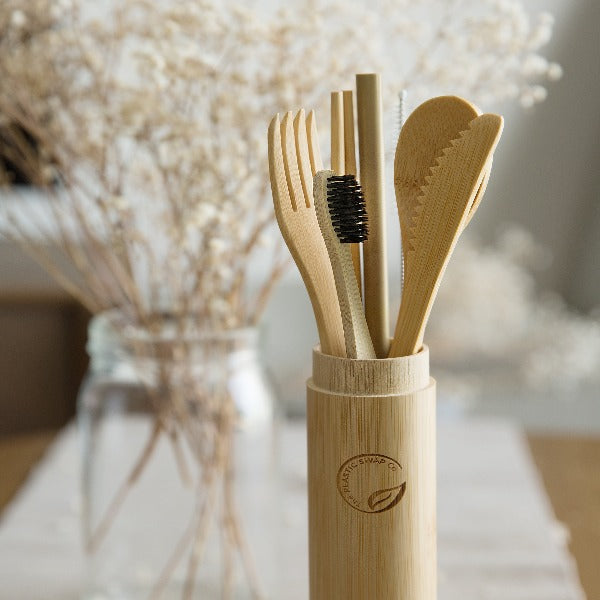 Bamboo Cutlery Set with Toothbrush & Carrying Case